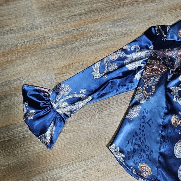 Spense Paisley Satin Blouse - Blue pink Ruffle Statement Sleeve Button Up Large - Picture 13 of 16